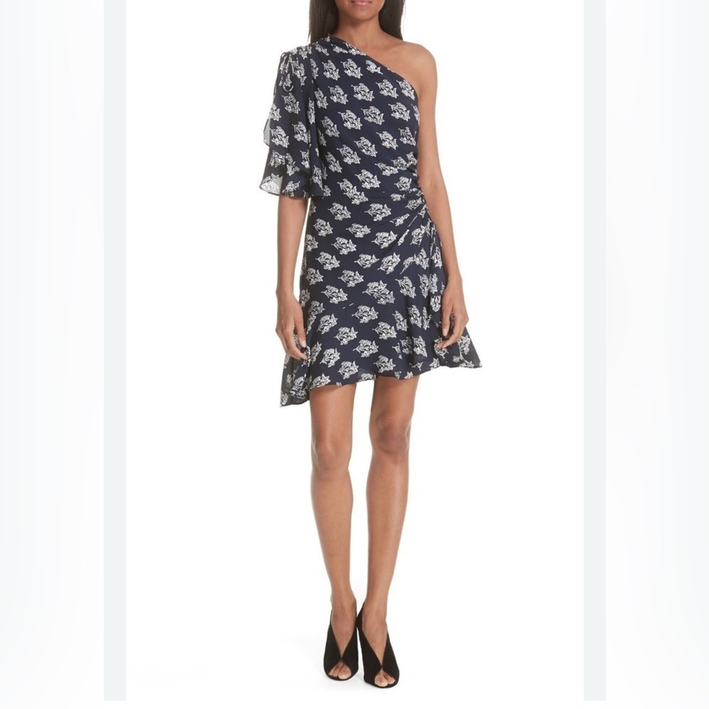 A.L.C. Misha Navy One-Shoulder Floral Ruffle Silk Dress